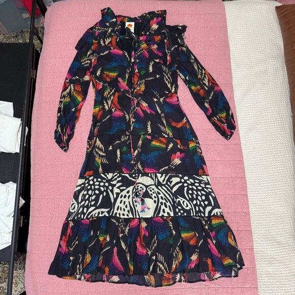 Farm Rio Black Macaws Flight Maxi Dress Tie Neck Leopard Tiered Animal Print XS - Picture 4 of 10